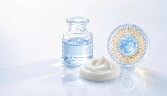 Creme cosmético, frasco de sérum e vesícula lipossomal em corte